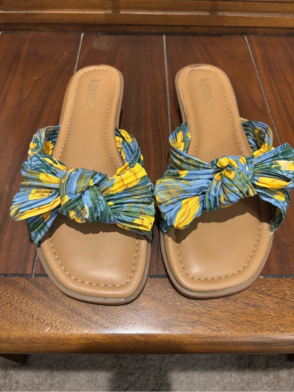 Kensie Blue and Yellow Knotted Floral Slide Sandals